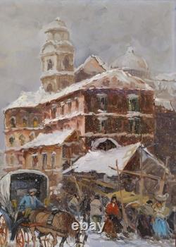Chutes de Neige Paysage Hivernal Vieille Paysage Urbain Italien Peinture à Huile