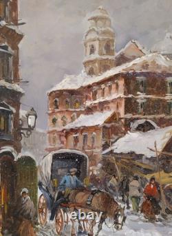 Chutes de Neige Paysage Hivernal Vieille Paysage Urbain Italien Peinture à Huile