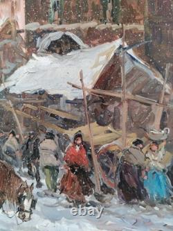 Chutes de Neige Paysage Hivernal Vieille Paysage Urbain Italien Peinture à Huile