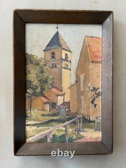 Clocher en Bourgogne, tableau signé Pastre (19)39, peinture, XXe