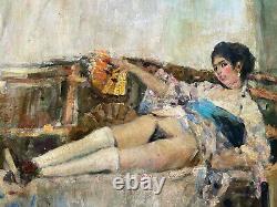 Curiosa grand tableau signé huile sur panneau espagnole à l'éventail nu féminin