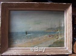 DEAUVILLE plage 1900 peinture signée HUILE sur toile ART NOUVEAU cadre BOIS