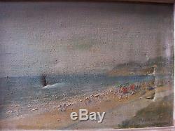 DEAUVILLE plage 1900 peinture signée HUILE sur toile ART NOUVEAU cadre BOIS