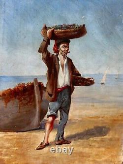 DE BRAQUEMONT LE PÊCHEUR. Peinture huile sur panneau de bois d'acajou