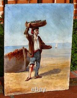 DE BRAQUEMONT LE PÊCHEUR. Peinture huile sur panneau de bois d'acajou