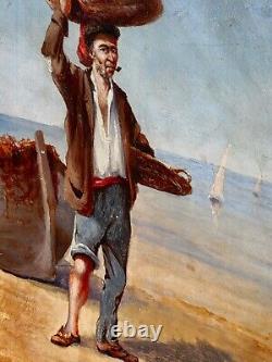 DE BRAQUEMONT LE PÊCHEUR. Peinture huile sur panneau de bois d'acajou