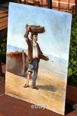 DE BRAQUEMONT LE PÊCHEUR. Peinture huile sur panneau de bois d'acajou
