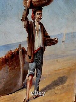 DE BRAQUEMONT LE PÊCHEUR. Peinture huile sur panneau de bois d'acajou