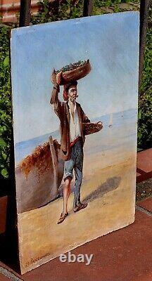 DE BRAQUEMONT LE PÊCHEUR. Peinture huile sur panneau de bois d'acajou