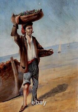 DE BRAQUEMONT LE PÊCHEUR. Peinture huile sur panneau de bois d'acajou