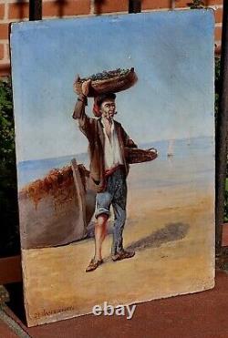 DE BRAQUEMONT LE PÊCHEUR. Peinture huile sur panneau de bois d'acajou