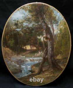 Dominique BARON tableau paysage forêt sous-bois baigneuses femmes école Barbizon