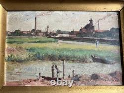 EUGÈNE FEYEN RARE HUILE SUR BOIS Usine et église BONSECOURS NANCY LORRAINE