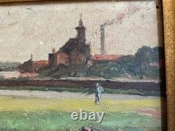 EUGÈNE FEYEN RARE HUILE SUR BOIS Usine et église BONSECOURS NANCY LORRAINE