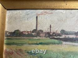 EUGÈNE FEYEN RARE HUILE SUR BOIS Usine et église BONSECOURS NANCY LORRAINE