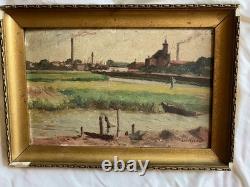 EUGÈNE FEYEN RARE HUILE SUR BOIS Usine et église BONSECOURS NANCY LORRAINE
