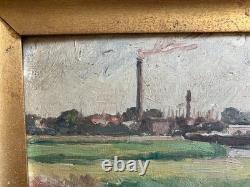 EUGÈNE FEYEN RARE HUILE SUR BOIS Usine et église BONSECOURS NANCY LORRAINE