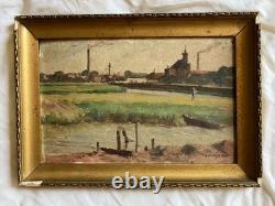 EUGÈNE FEYEN RARE HUILE SUR BOIS Usine et église BONSECOURS NANCY LORRAINE