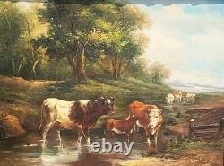 E. BOUDIN. Paysage ANIMÉ Vaches. Peinture huile sur panneau de bois
