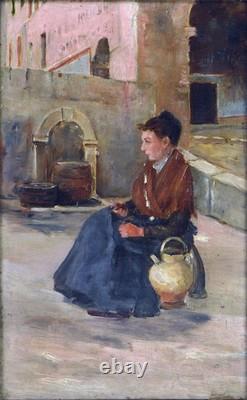 E? Cole Franc? Aise XIX? Siècle. Jeune femme assise près d'une Fontaine