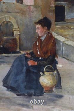 E? Cole Franc? Aise XIX? Siècle. Jeune femme assise près d'une Fontaine