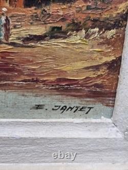 E. JANTET. Paysage Animé. Peinture huile sur panneau de bois signée