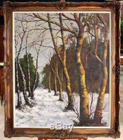 École Franc Comtoise du 20eme siècle huile sur toile figurant un bois enneigé