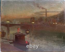 Ecole Française Paris Paysage Industriel de Nuit Fin 19ème Signé Circa 1890