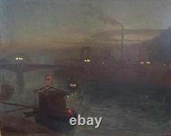 Ecole Française Paris Paysage Industriel de Nuit Fin 19ème Signé Circa 1890