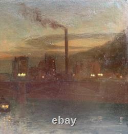 Ecole Française Paris Paysage Industriel de Nuit Fin 19ème Signé Circa 1890