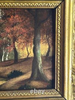 Ecole Française XIXè Huile sur carton Paysage automnale sous bois 1870