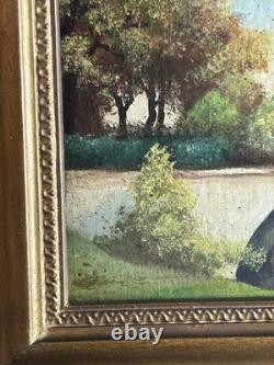 Ecole Française XIXè Huile sur carton Paysage de sous bois Rivière 1880