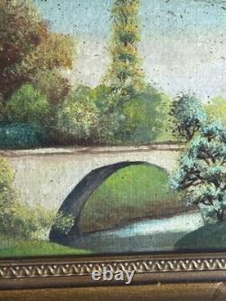 Ecole Française XIXè Huile sur carton Paysage de sous bois Rivière 1880