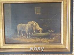 Ecole Française du XXe HSP Tableau peinture MOUTONS A L' ETABLE bien encadré