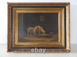 Ecole Française du XXe HSP Tableau peinture MOUTONS A L' ETABLE bien encadré
