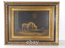 Ecole Française du XXe HSP Tableau peinture MOUTONS A L' ETABLE bien encadré