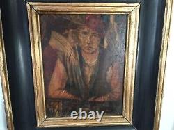 Ecole basque Homme au béret rouge Huile sur panneau Cadre bois noir et or 24x19