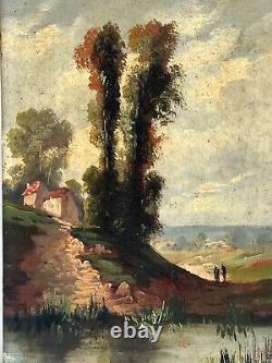 École de Barbizon XIXème paysage animé, huile sur panneau en bois 22X15.5