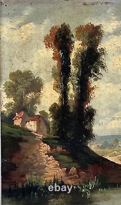 École de Barbizon XIXème paysage animé, huile sur panneau en bois 22X15.5