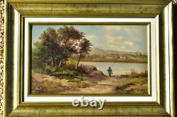 École de Barbizon huile sur bois Pécheur au bord de l'eau signé Niz
