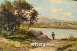 École de Barbizon huile sur bois Pécheur au bord de l'eau signé Niz