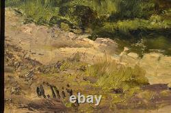 École de Barbizon huile sur bois Pécheur au bord de l'eau signé Niz