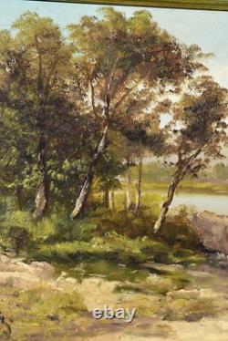 École de Barbizon huile sur bois Pécheur au bord de l'eau signé Niz