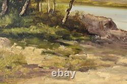 École de Barbizon huile sur bois Pécheur au bord de l'eau signé Niz
