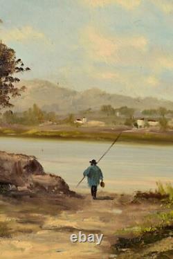 École de Barbizon huile sur bois Pécheur au bord de l'eau signé Niz
