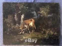 Ecole de barbizon, fin XIXe, Vache dans un sous-bois, huile sur toile, tableau