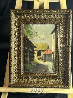 Ecole française XIXè Huile sur panneau Scène de basse cour Cadre doré 1860