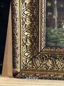 Ecole française XIXè Huile sur panneau Scène de basse cour Cadre doré 1860