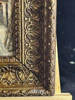 Ecole française XIXè Huile sur panneau Scène de basse cour Cadre doré 1860