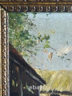 Ecole française XIXè Huile sur panneau Scène de basse cour Cadre doré 1860